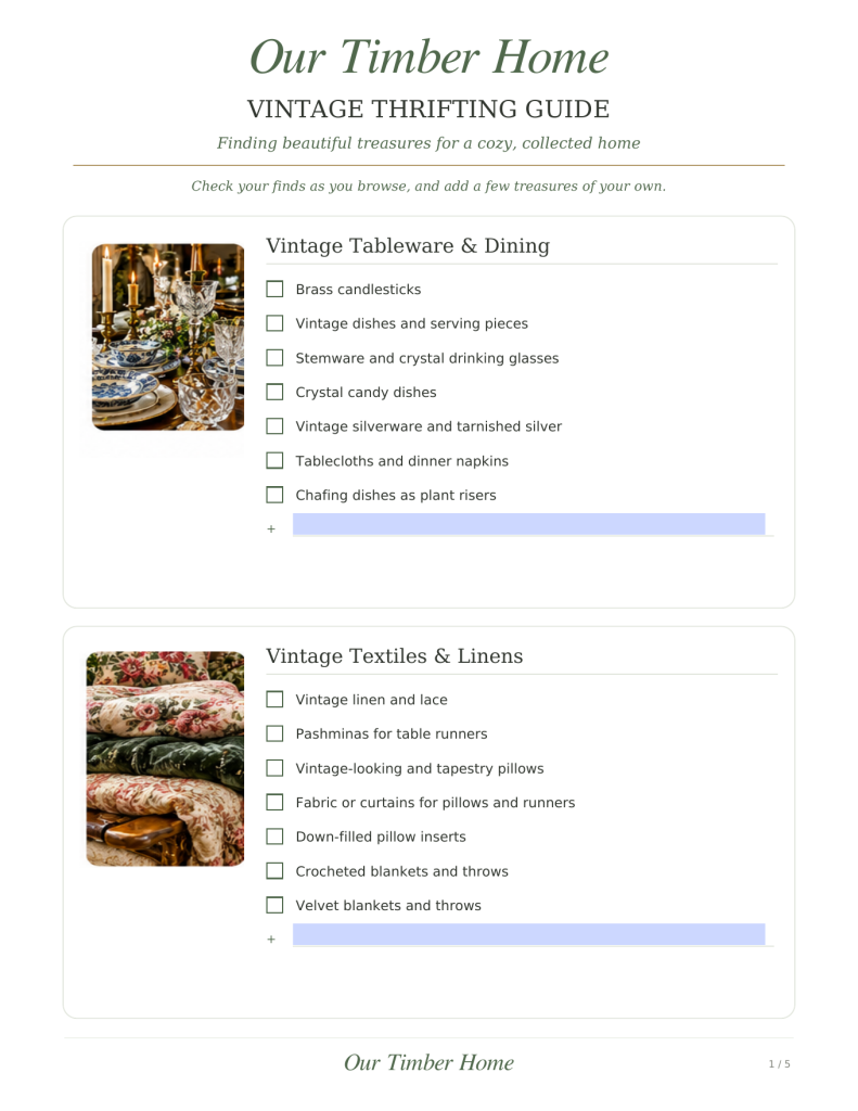 Our Timber Home vintage cottage thrifting guide featuring antique tableware, vintage linens, and secondhand decorating ideas.