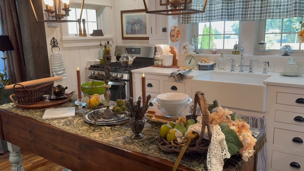 Fall decorating ideas for our historic kitchen island featuring vintage decor, warm autumn accents, and cozy cottage charm.